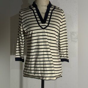 Tommy Hilfiger Navy and Cream Striped V-Neck Top